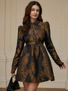 Revavyn Contrast Color Jacquard Fabric Collared Open Front Cinched Waist A-Line Elegant Vintage Versatile Women Long Sleeve Dress - Multicolor - View 6