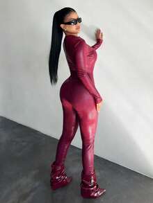 SHEIN SXY 女士拉链前开衩酒红色蛇纹长袖连体衣 - 酒紅色 - 查看 2
