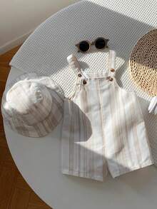 SHEIN Bộ 2 món quần yếm sọc kaki đa năng mùa hè cho bé trai sơ sinh kèm mũ cùng màu. - Nhiều màu - Xem 5