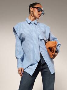 Hauture 系带前襟夸张肩部条纹衬衫 - 藍色 - 查看 3