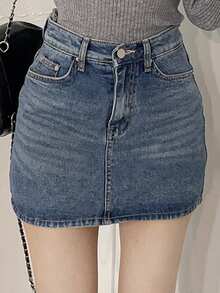 DAZY High Waist A-Line Mini Slimming Lift Buttocks Women Pocketed Denim Skirt - Medium Wash - View 8