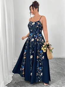 Elenzga Đầm slip dáng chữ A thắt eo, vạt bất đối xứng, cổ tròn, họa tiết hoa màu nước, cỡ lớn, thích hợp cho ngày Valentine, thanh lịch cho các buổi đi chơi, hẹn hò, tiệc tùng, trà chiều và kỳ nghỉ. - Màu xanh hải quân - Xem 4