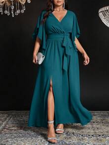 Auvina Đầm dự tiệc thanh lịch màu trơn cổ chữ V tay loe buộc eo xếp ly dành cho nữ cỡ lớn - Màu xanh ngọc - Xem 1