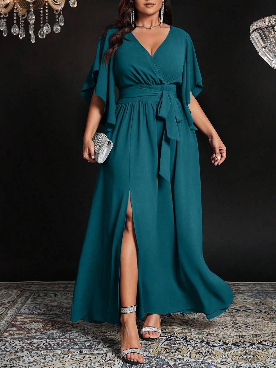Auvina Đầm dự tiệc thanh lịch màu trơn cổ chữ V tay loe buộc eo xếp ly dành cho nữ cỡ lớn - Màu xanh ngọc - Xem 1