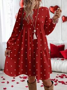 EMERY ROSE Gaun Kasual Minimalis Motif Bunga Kecil Longgar Leher Bulat Ukuran Besar, Cocok untuk Musim Gugur/Musim Dingin/Natal - Merah - View 3