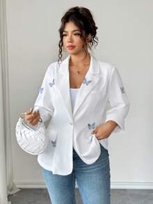 Elenzga Áo khoác blazer mỏng tay 3/4 họa tiết bướm 3D giản dị dành cho người đi làm cỡ lớn - trắng - Xem 6