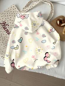 SHEIN 卡通心形、花朵、蝴蝶印花宽松连帽衫，米色和杏色，适合年轻女孩休闲舒适的日常穿着，秋冬季