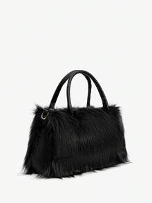 SHEIN BAE Nuevo bolso de mano de peluche para calentar las manos para mujeres, de gran capacidad, esponjoso, de moda, bolso de tote para otoño/invierno, nuevo bolso de piel de llegada, nueva moda de otoño 2025 para mujeres, nuevo bolso de piel de llegada para mujeres - Negro - Ver 2
