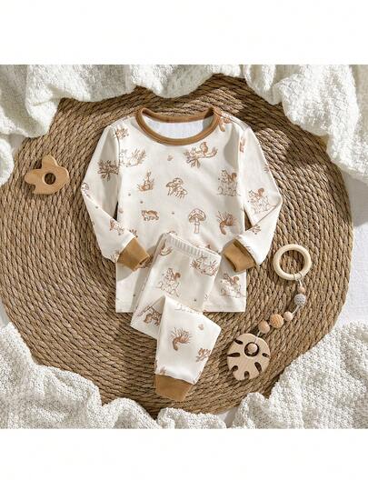 Loomiva Babypojke/flicka pyjamasset med tätt passform, tecknat djurtryck, mjuk stickad topp med rund hals och långärmad passform och långbyxor med resår i midjan