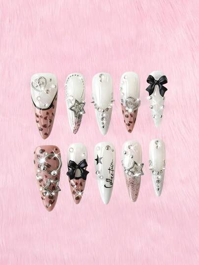 Anime 10pcs Cute Bowknot Music Note Star Element High Quality Handmade False Nails + 3pcs Double-Sided Adhesive, Y2K French Style Rhinestone Chain Polka Dot Removable Nail Art Stickers, Suitable For Holidays, Parties, Dancing And Daily Wear