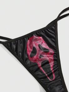 ROMWE Goth Conjunto de lencería de mujer con cordones inalámbricos y decoración de calavera gótica Deadpool con strass - Negro - Ver 4