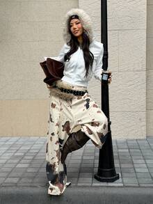 CovetEZ 女士休闲拉链蓬松连帽运动衫，秋季白色连帽衫