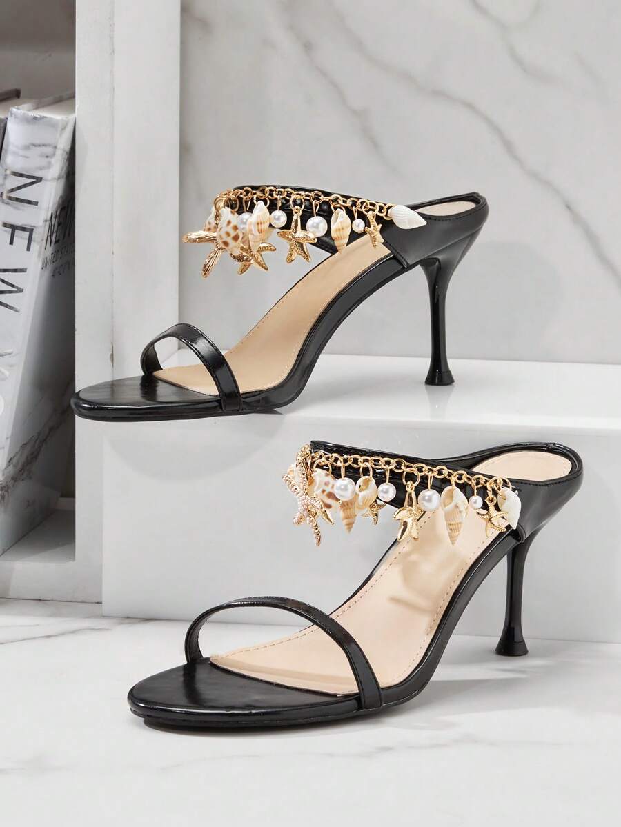 SHUZIA Sandalias de tacón de aguja con punta redonda y correa de cadena, elegantes para mujer - Negro - Ver 1