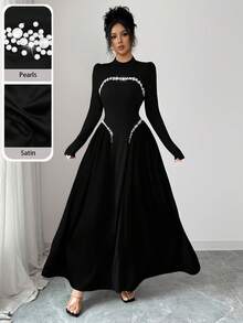 Modelyn Elegant Long Wine Red Beaded Dress For Women, Winter - Black - View 3