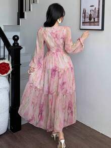 DAZY 女士V领印花连衣裙，优雅长款连衣裙 - 粉色 - 查看 8