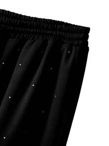 GlowEve CURVE Regalyn 大码女装时尚水钻装饰短袖T恤和高腰抽绳宽松直筒运动裤两件套，秋季面料 - 黑色 - 查看 8