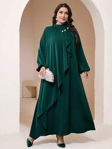 Veilorie 加大码女式立领纯色长袖宽松珍珠装饰阿拉伯长裙 - 墨綠色 - 查看 8