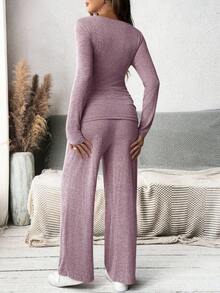 MaterniWear Round Neck Long Sleeve Knit T-Shirt And Adjustable Waist Straight Leg Pants, Women Straight Pants Autumn Set, Loose Fit Set, Suitable For Baby Shower Gift Pregnancy Clothing Two Piece Set Women Comfy Maternity Pants Maternity Jumpsuits For Woman Maternity 2 Piece Set - Pink - View 2