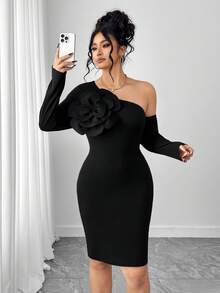 Elenzga 大码女式修身纯色碎花连衣裙 - 黑色 - 查看 7