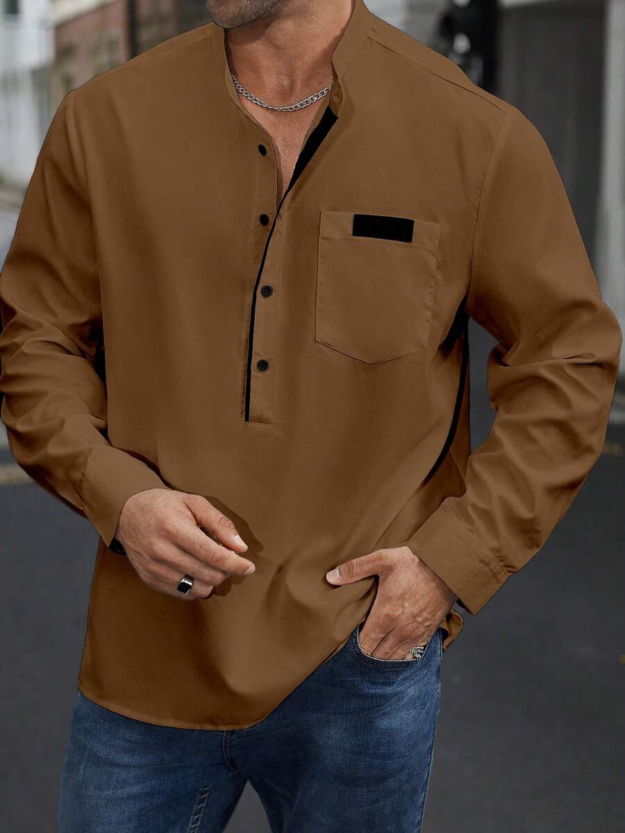 Manfinity Homme Kemeja Kasual Pria Ukuran Besar dengan Kancing Setengah, Musim Gugur - Coklat - View 1