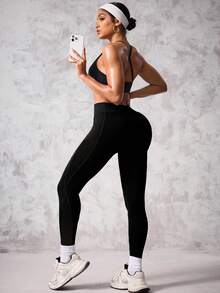 Easithlete 女式高腰口袋休闲健身紧身裤 - 黑色 - 查看 3