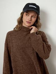 Zelara Plus Size Women Solid Color Dropped Shoulder High Neck Long Sleeve Casual T-Shirt, Knitted Texture - Brown - View 6
