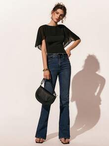 Poéselle 女士纯色圆领网纱拼接修身时尚衬衫 - 黑色 - 查看 2