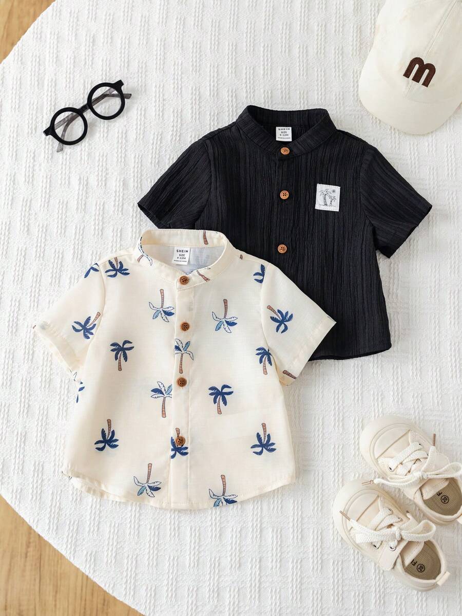 SHEIN 2件套男女宝宝可爱热带棕榈树印花短袖衬衫套装，夏威夷衬衫，春夏男宝宝服装，套装 - 彩色 - 查看 1