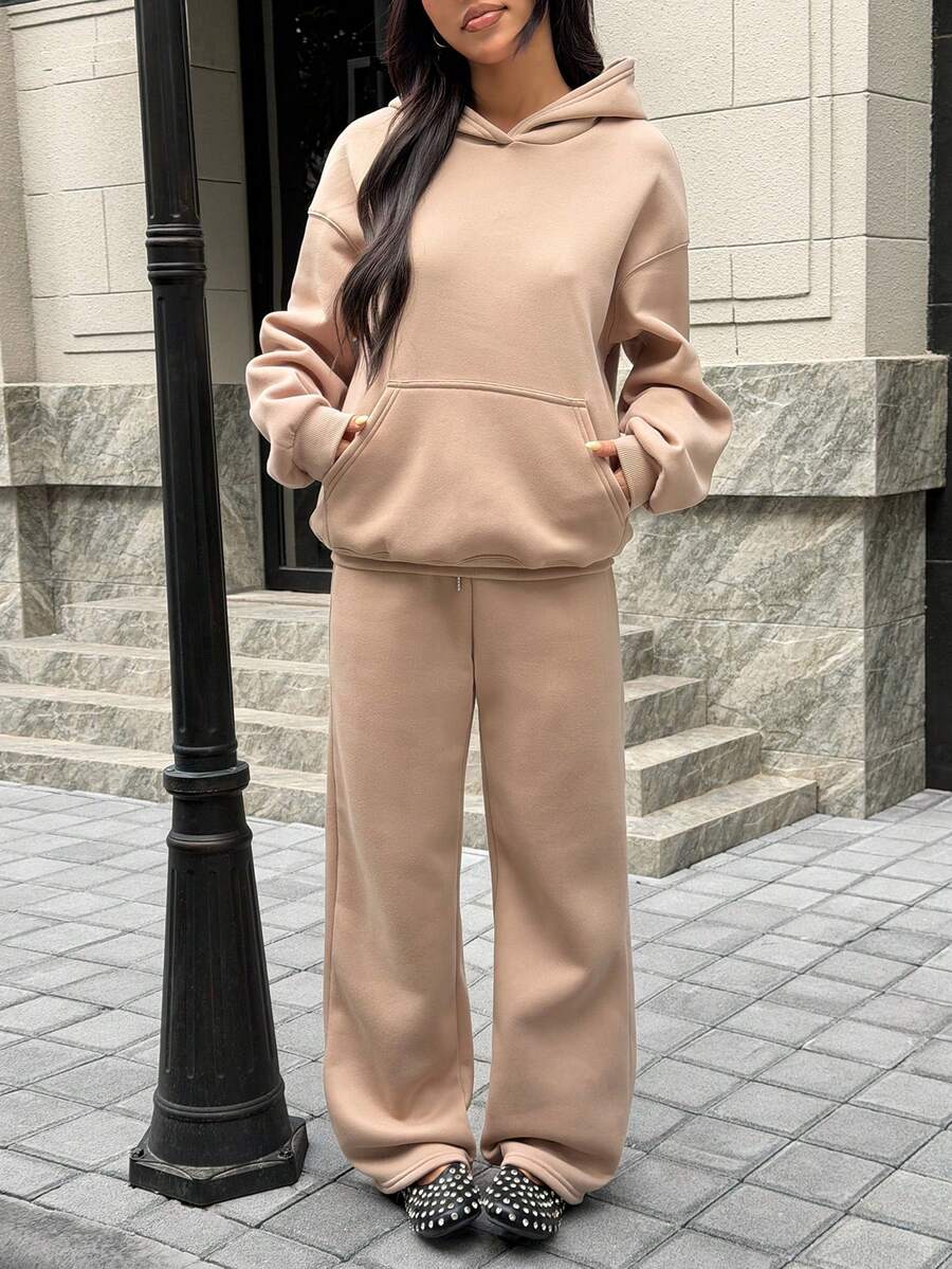 SHEIN EZwear 2 Pieces Thermal Lined Hoodie & Pants Set In Khaki, Women Casual Sweatsuit For Autumn/Winter - Khaki - View 1