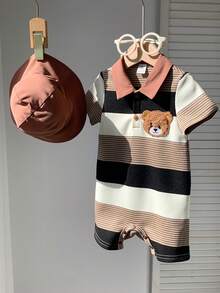 SHEIN 2pcs/Set Newborn Baby Boy/Girl Black And White Striped Bear Print Short Sleeve Romper & Brown Sun Hat,Summer Casual Family Matching Cute Outfit - Khaki - View 7