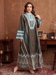 Al Najma Women's Loose Long Sleeve Floral Print Elegant Plus Size Arabic Maxi Dress Kaftan Jalabiya Dress - Multicolor - View 5