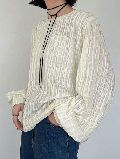 FRIFUL 女士纯色圆领长袖纹理面料休闲宽松百搭T恤，秋冬款