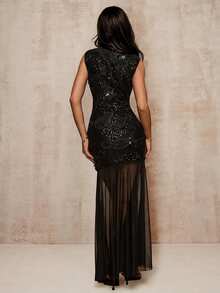 Glamine Sexy Black Maxi Dress, Large Floral Dress, Mesh Dress, Semi-Transparent Dress, Special Sequined Dress, Formal Evening Gown,
 Birthday Gown, Beach-Inspired Style. - Black - View 4