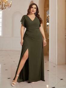 SHEIN Belle 加大码雪纺伴娘礼服，胸围交叉，褶皱腰围和前开叉 - 軍綠色 - 查看 6