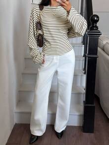 Siren Gaze 女士休闲条纹印花蝙蝠袖修身T恤，适合日常通勤，春秋季穿着 - 棕色 - 查看 5