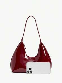 SHEIN BAE Korean Style Niche Red Lacquer Leather Crescent Shoulder Bag, Ladies Handbag, Stylish Underarm Bag, Good Quality - Burgundy - View 3