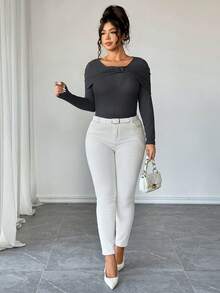 Elenzga Plus Size Women Bow Decor Ribbed Long Sleeve Top - Dark Grey - View 3