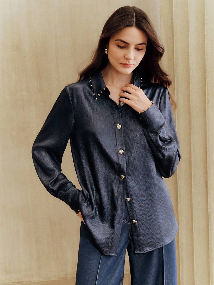 Women's Asymmetrical Metallic Button Embellished Long Sleeve Striped Textured Shirt With Stand Collar, Suitable For Birthday Party