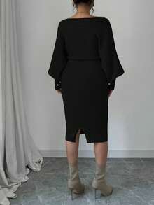 Elenzga 大码优雅船领串珠灯笼袖毛衣连衣裙 - 黑色 - 查看 2