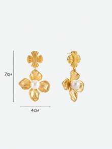 Opalesca 1 Pair Fashionable & Elegant Flower Shaped Pearl Dangle Earrings For Women,Outfits,Old Money,Wedding/Bridal Accessories,Western Jewelry,Fairycore/Fairy,Pearl,Fall/Autumn/Winter,For Mom/Women/Girl/Mother,Elegant - Gold - View 6