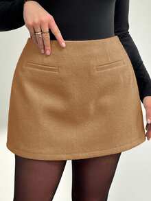 Auralis Váy mini thời trang thu đông cỡ lớn thanh lịch thoải mái cơ bản đa năng hàng ngày có lót quần short, mùa đông, trang phục công sở, phong cách văn phòng - Màu Khaki - Xem 6