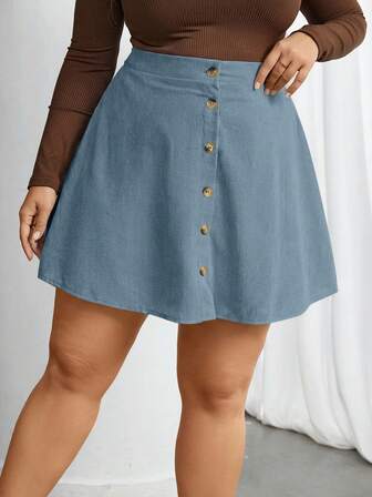 SHEIN Privé 大码女式纯色单排扣休闲/工作半身裙