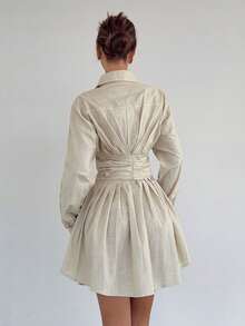 Siren Gaze 女士纯色长袖褶裥单排扣休闲衬衫裙 - 杏色 - 查看 5