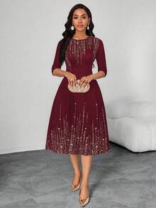 SHEIN Lady 女士亮面印花圆领短袖中长连衣裙 - 酒紅色 - 查看 4