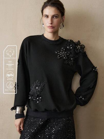 Arave 女式 H 型手工串珠花卉图案休闲通勤运动衫