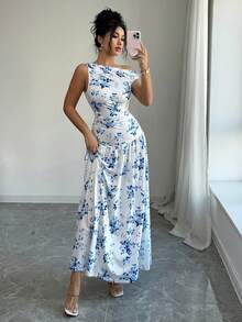 Elenzga Women's Floral Print Ruched Asymmetric Shoulder Elegant Vacation Dress - Blue and White - View 6