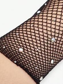 SHEIN BAE زوج من القفازات البوهيمية المرصعة بالكريستال والشبك، طويلة بالطراز الرجعي، قفازات زخرفية لحفلات الليل والعروض المسرحية - متعدد الألوان - مشاهدة 4