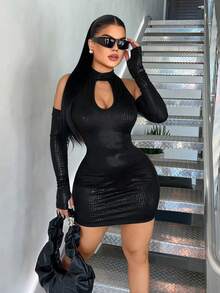 SHEIN SXY Women's Off-Shoulder Long Sleeve Hollow Out Design Fitted Sexy Mini Dress - Black - View 3