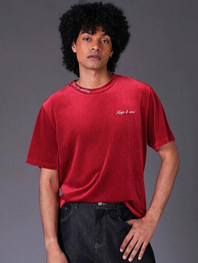 STYNVO Men's Slogan Embroidered Round Neck Short Sleeve Casual Versatile T-Shirt Men Boxy T Shirts Men Vintage T Shirt Men Graphic Tees Red Streetwear Men T Shirts Men Slogan Graphic Drop Shoulder Tee