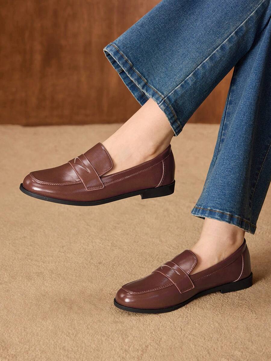 MOTF PREMIUM ZAPATOS DE MUJER MOCASINES DE PUNTA REDONDA DE CUERO PU - Marrón - Ver 1